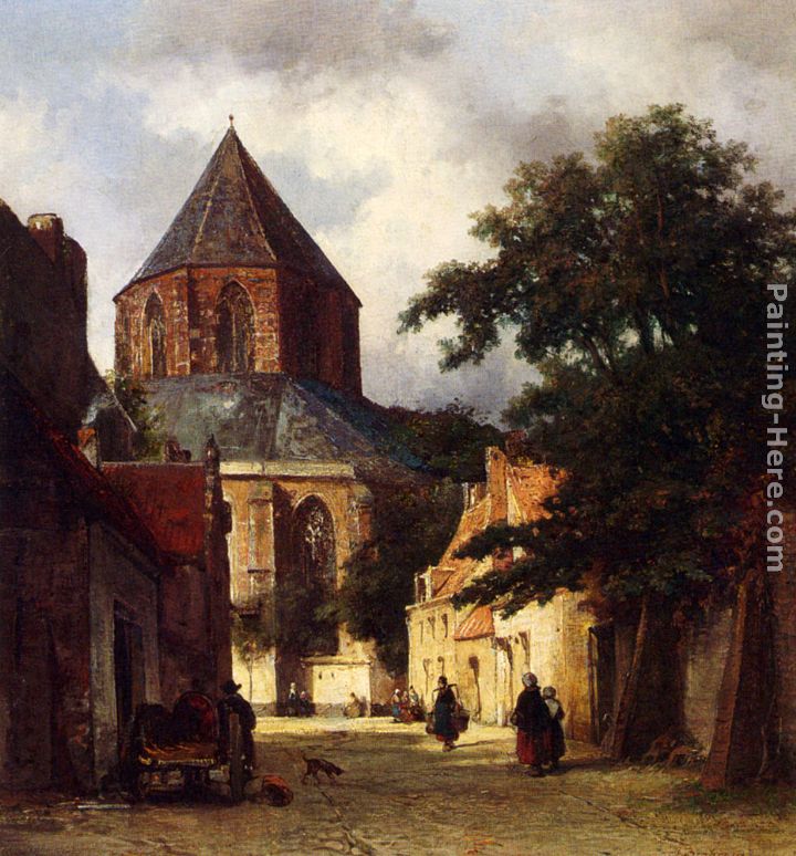 Figures In The Streets Of A Dutch Town, A Church In The Background painting - Johannes Bosboom Figures In The Streets Of A Dutch Town, A Church In The Background art painting